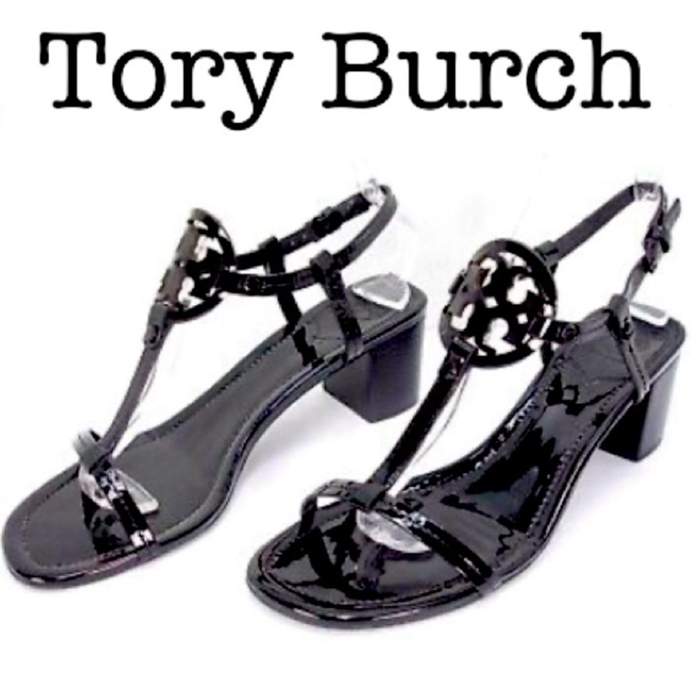 Tory Burch Miller Black Patent Leather T Strap Logo Block Sandals Size 10 1/2